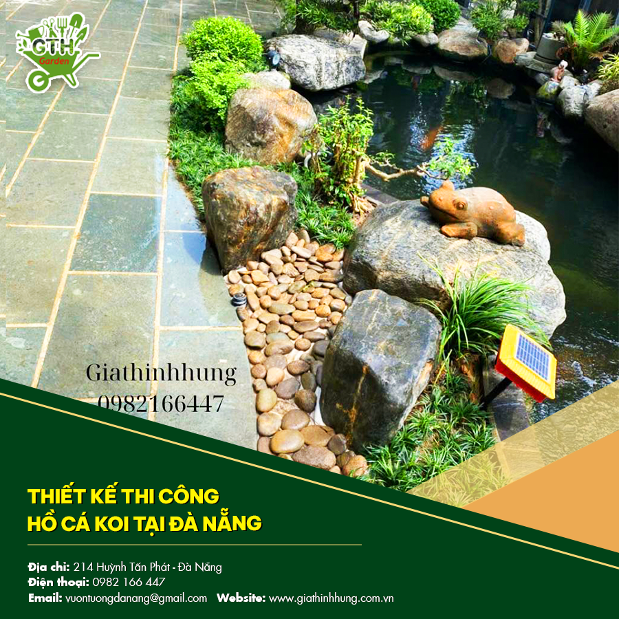 Hồ cá koi ngoài trời được thiết kế thi công tại Đà Nẵng, tạo không gian thư giãn